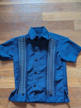 Boys Navy Blue Embroidered Short Sleeve Guayabera Shirt 5T